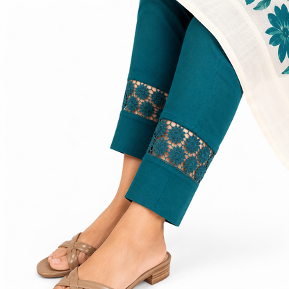 Dark Green Rayon Lycra Pencil Pant with Lace Detailing